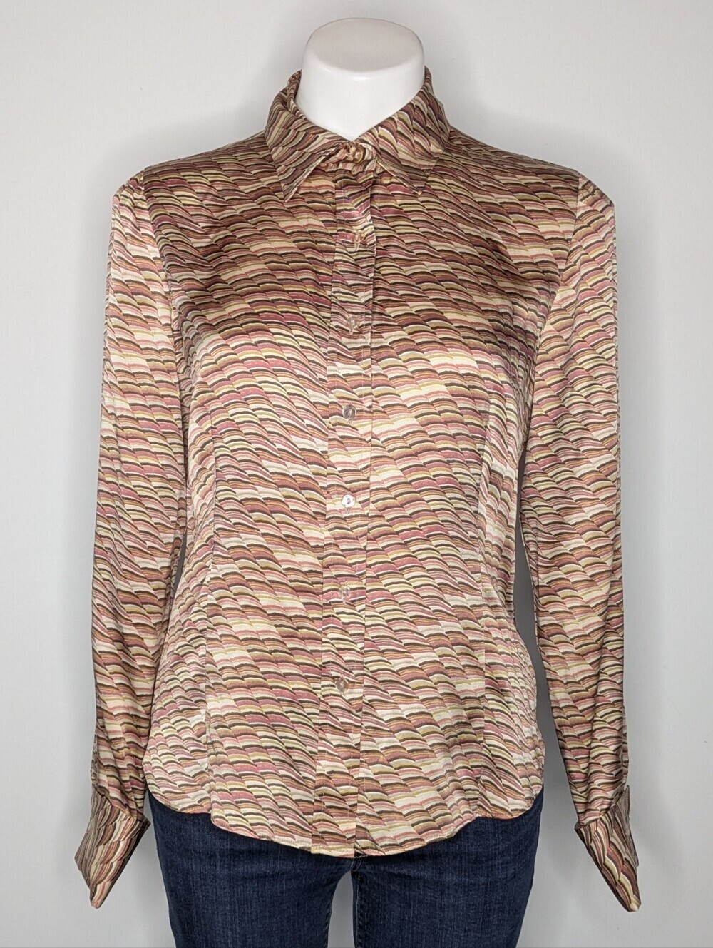 Lafayette 148 Pink Tan Abstract Long Sleeve Silk Button Up 4 Or 6